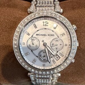 Michael Kors Silver Chronograph Watch w/ Crystal Details & Mother of Pearl Face